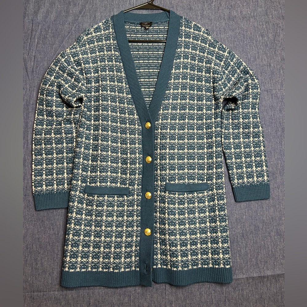 Talbots petite Merino Wool Checked Long Knit Cardigan with Gold Buttons